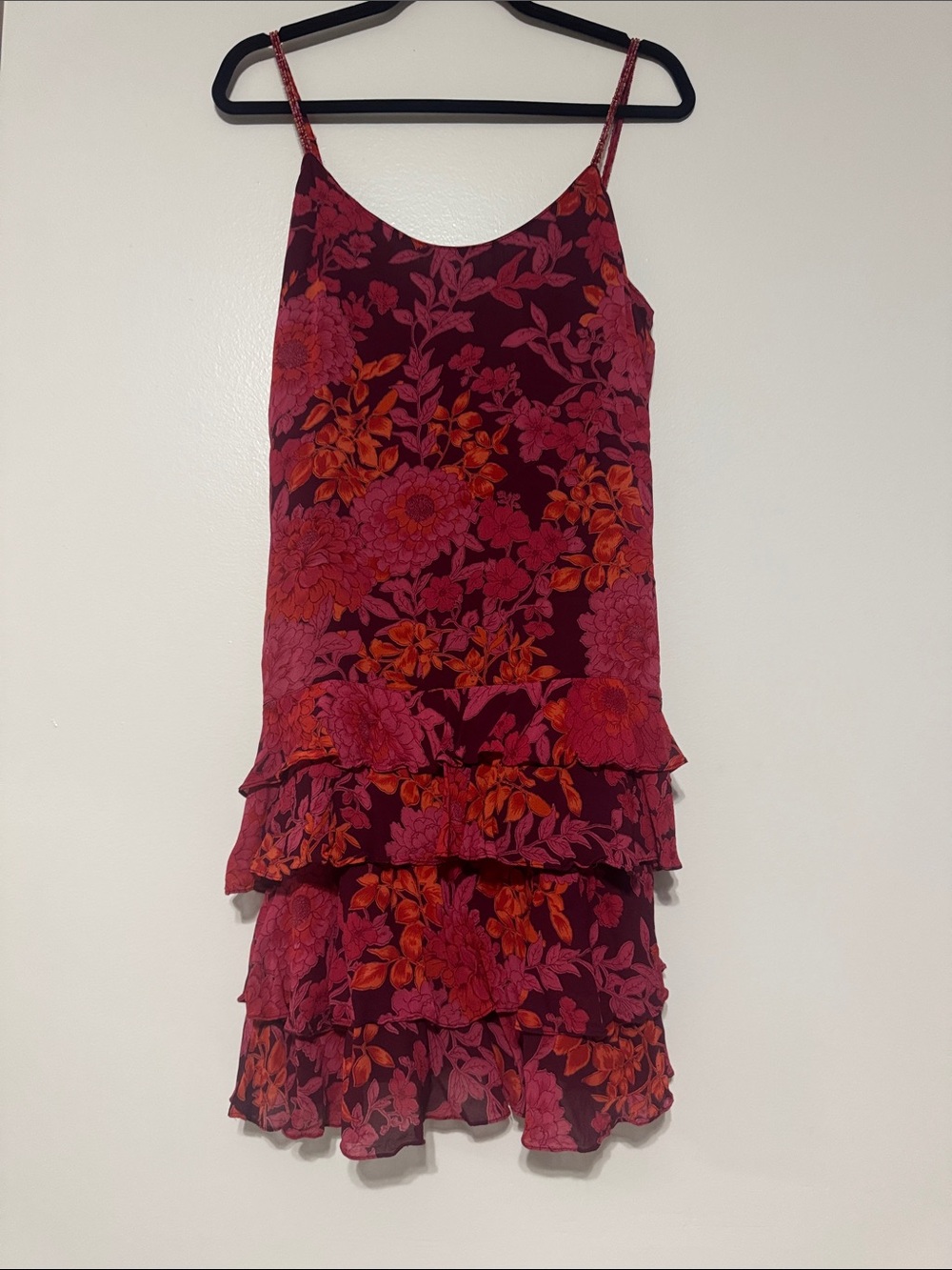 Tiered Floral Midi Slip Dress in Burgundy and Pink